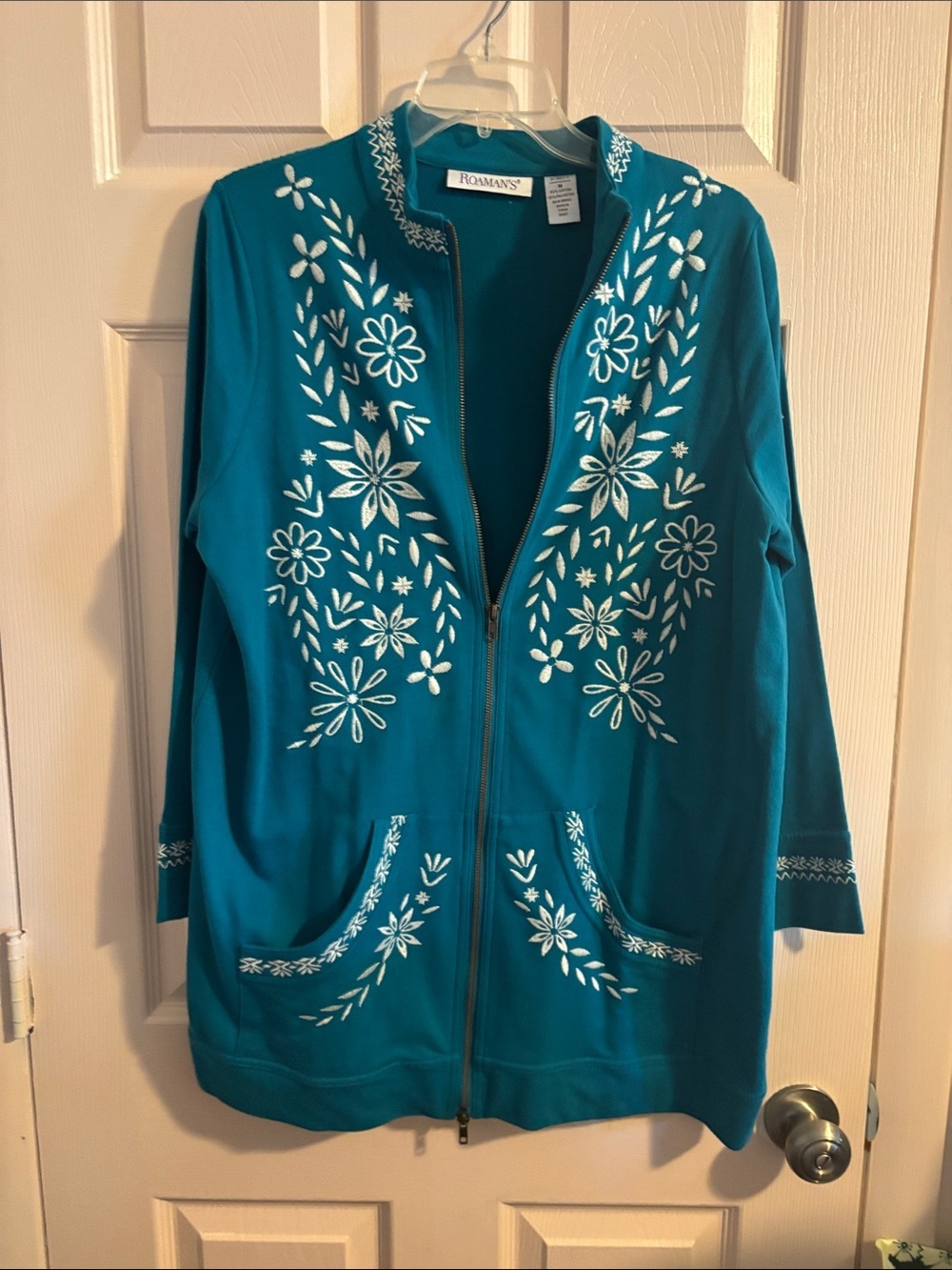 Roaman's Teal Zip-Front Cardigan with White Floral Embroidery